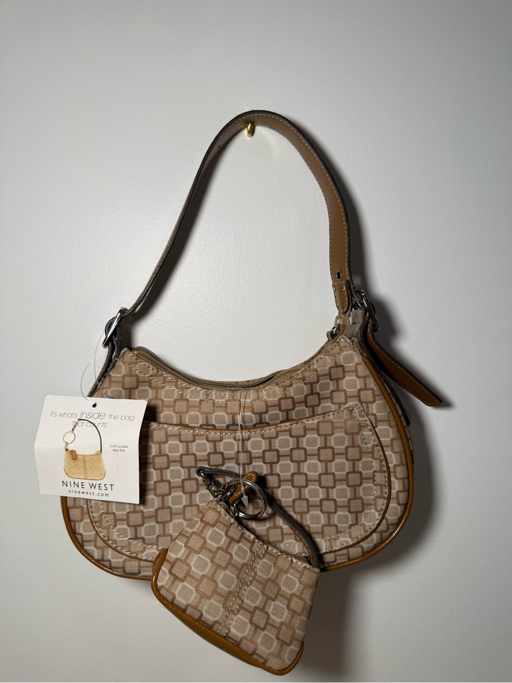 Nine West Tan Beige Geometric Shoulder Bag with Coin Pouch